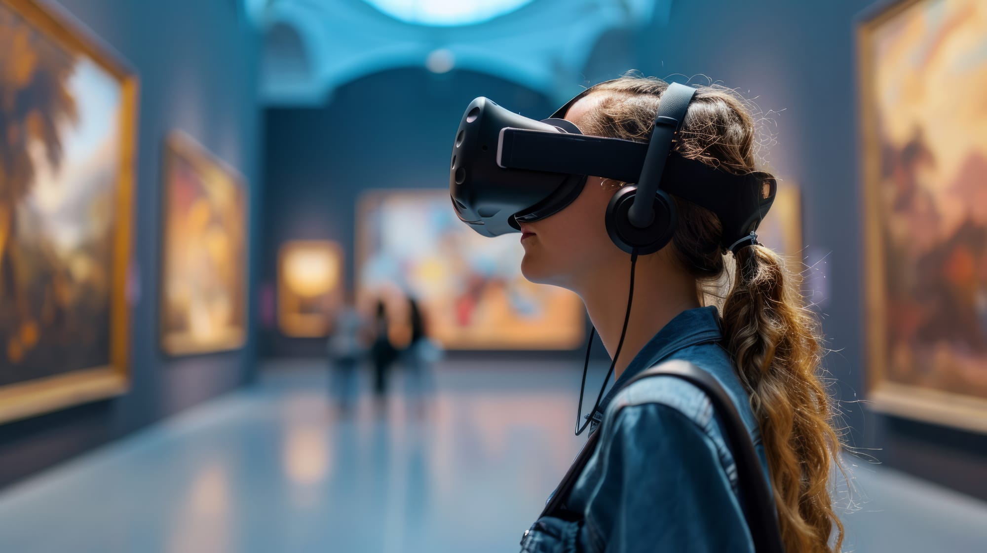 AI-made image of a young girl in a museum with AR glasses