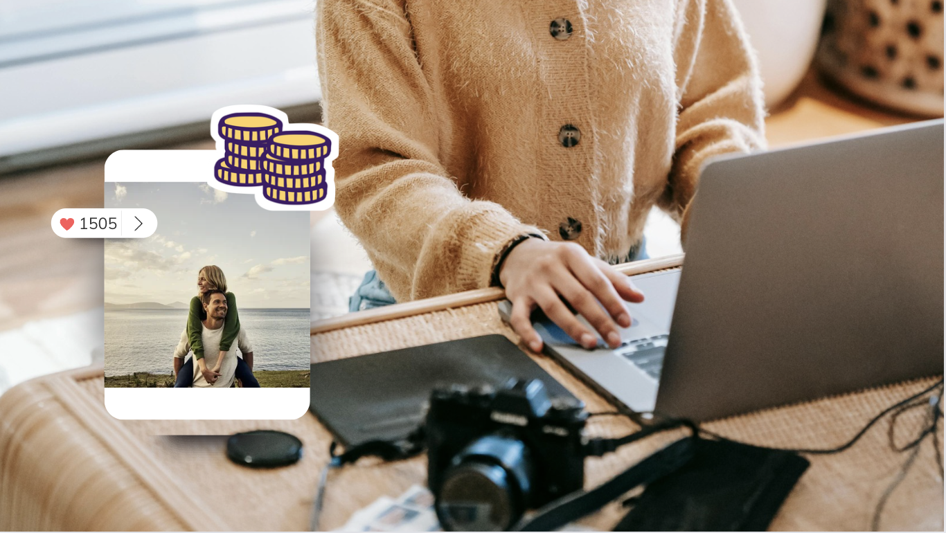 Photographer working on her laptop with an image of a Meta Ad showing on the left hand side