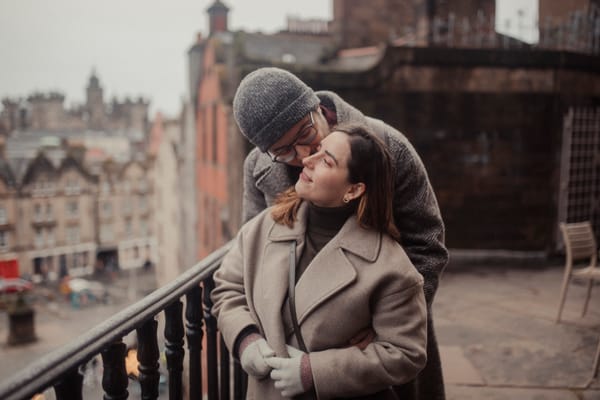 Couple sharing a romantic moment in Prague